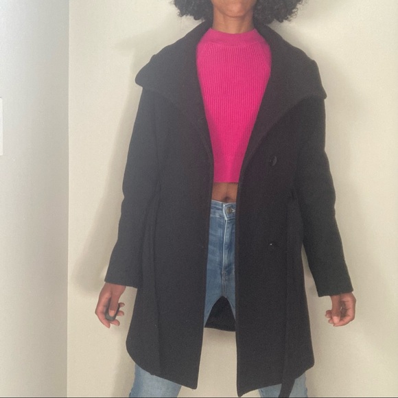 Black Wool Winter Belt Tie Coat - Picture 6 of 7